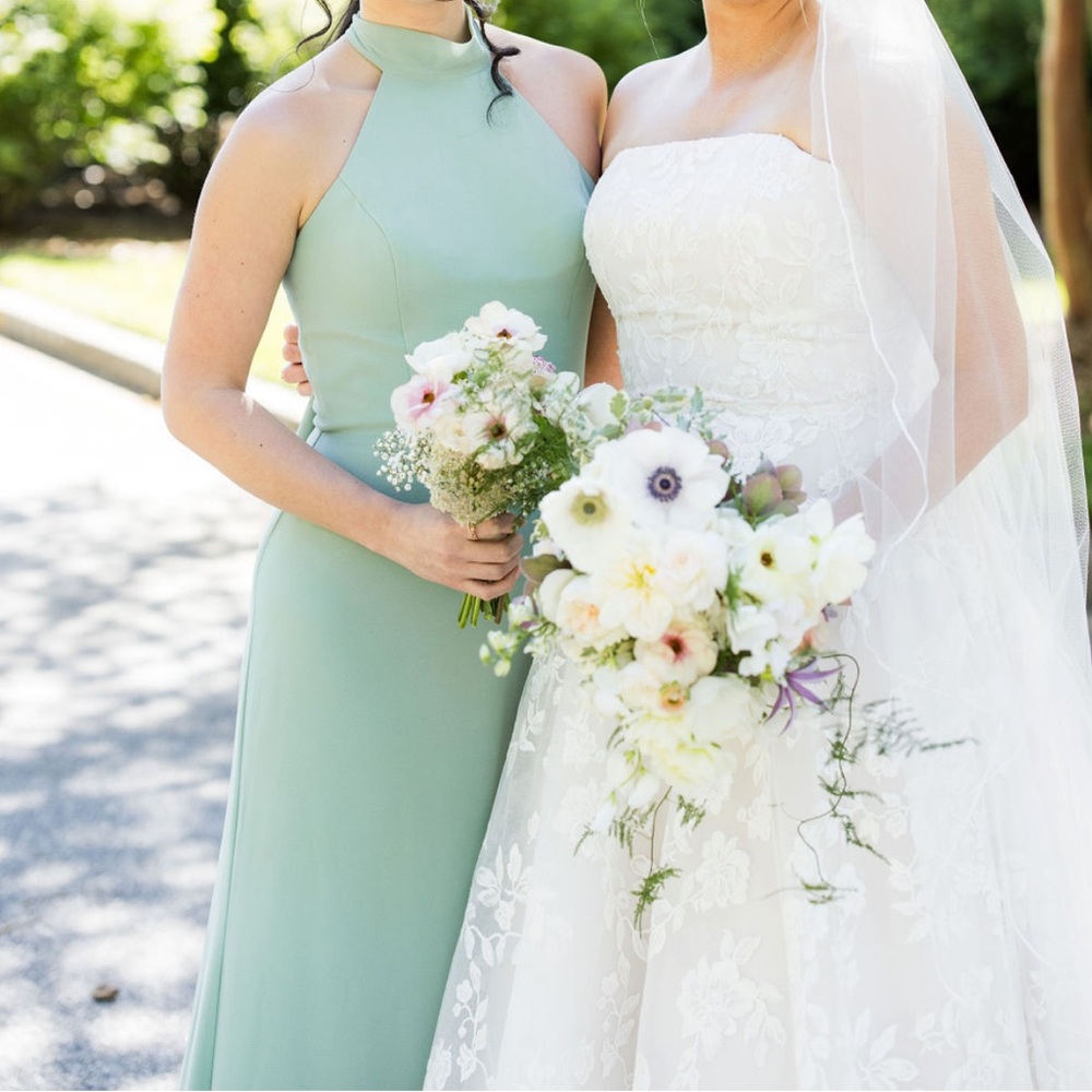 Amsale bridesmaid Sophia dress in sage